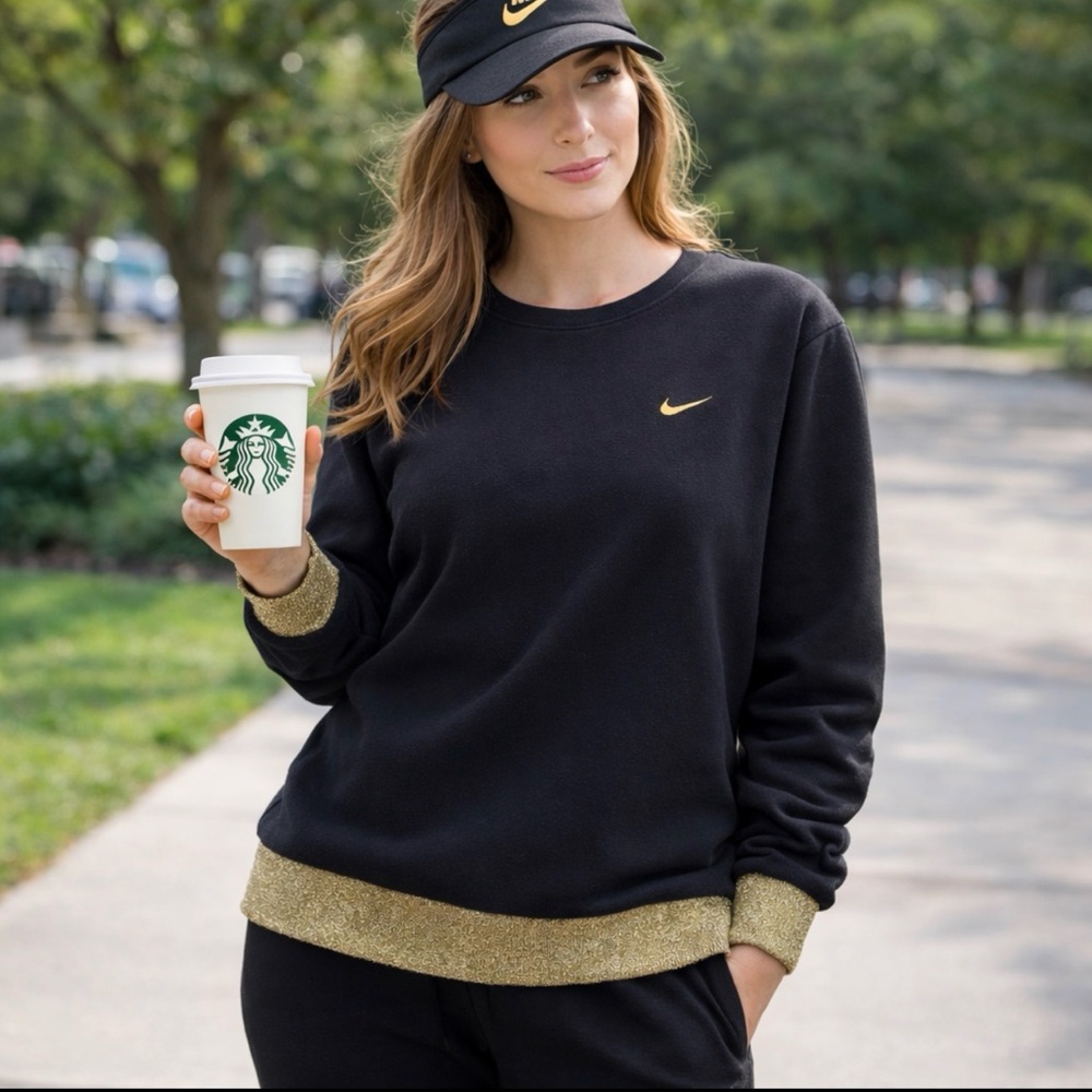 NIKE SPORTSWEAR BLACK CREWNECK SWEATSHIRT GOLD GLITTER TRIM XL LUX ATHLEISURE